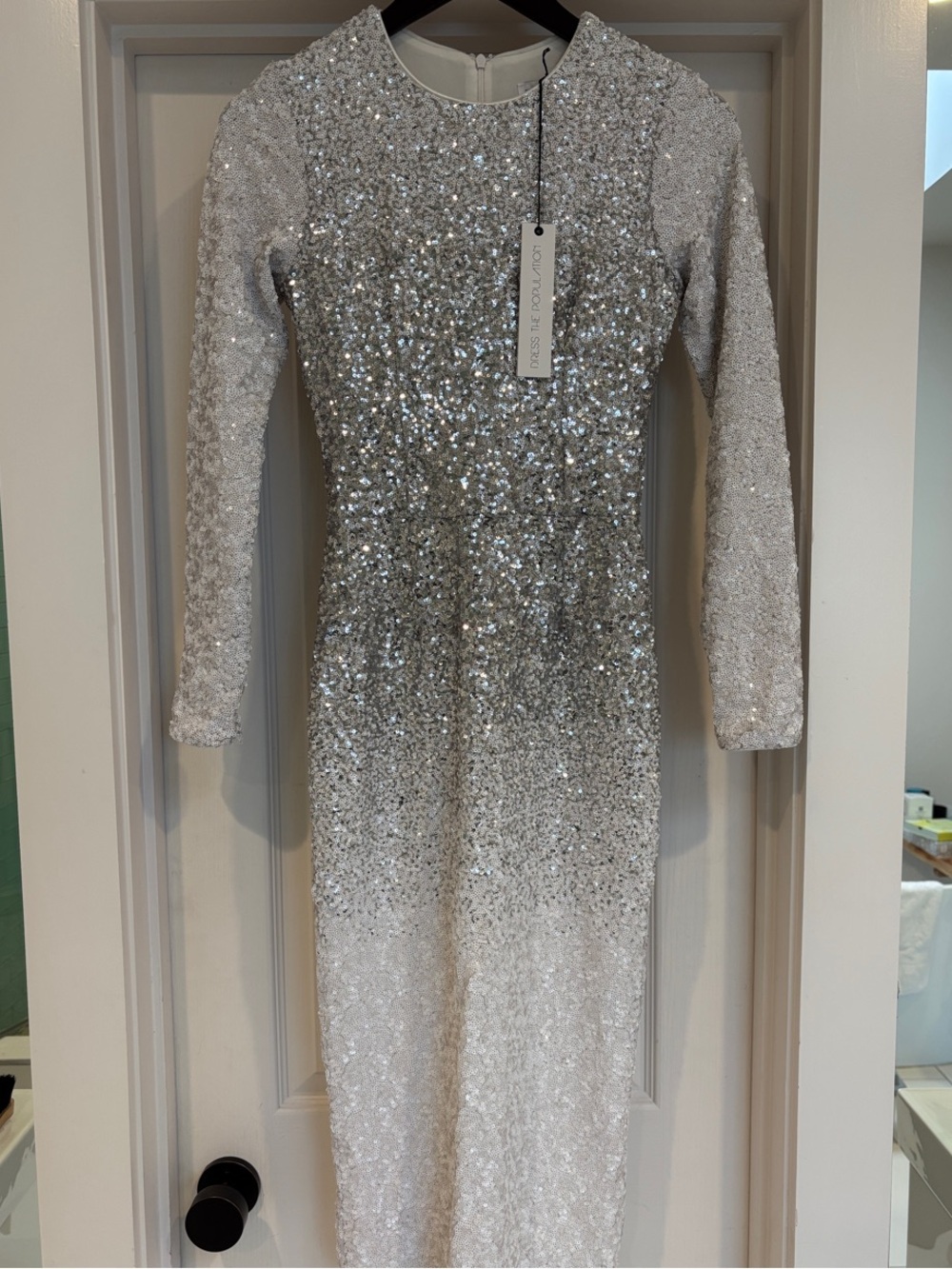 Dress the Population Silver Sequin Long Sleeve Midi Dress